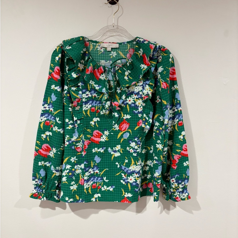 Loft Floral Green Ruffle Blouse - Picture 6 of 8